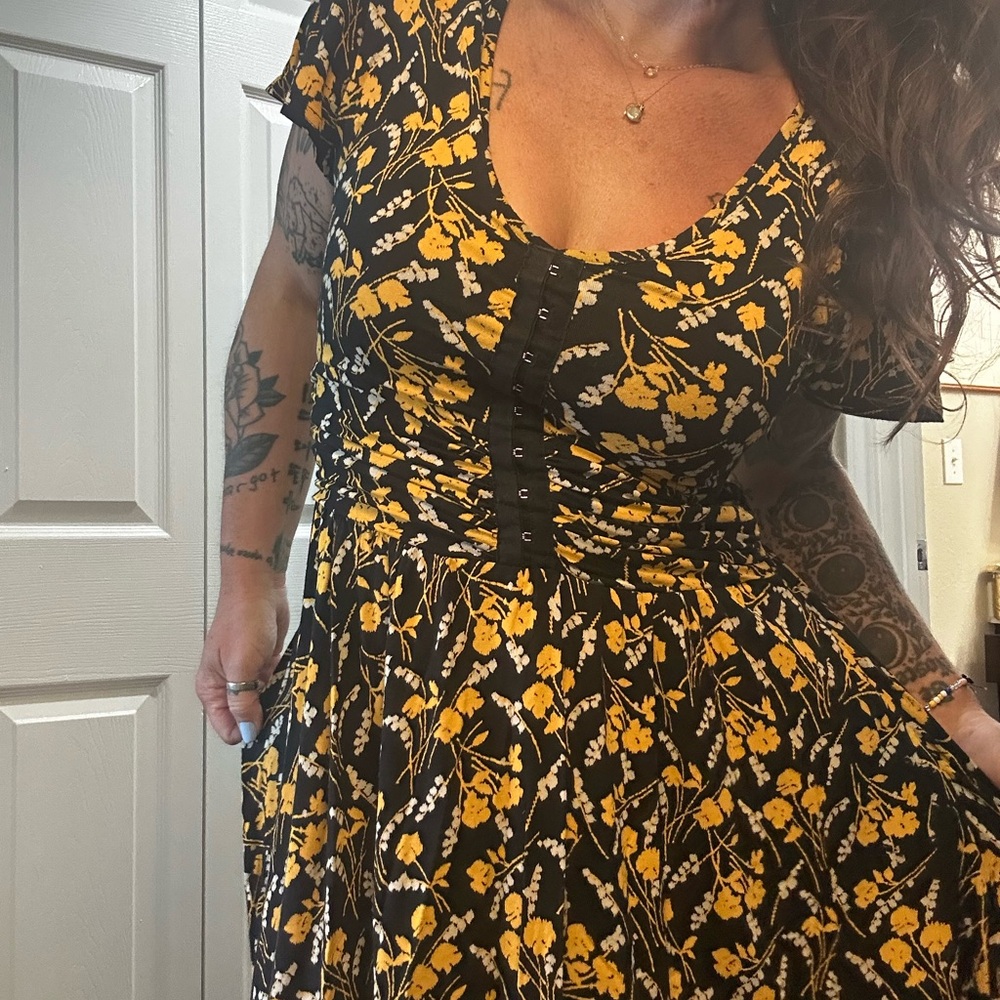 Maeve Yellow and Black Pleated Tie Front Midi Dress